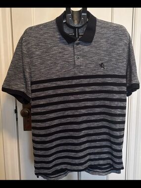 Express Mens Polo Shirt Large Gray Black Striped Short Sleeve Lion Logo Casual